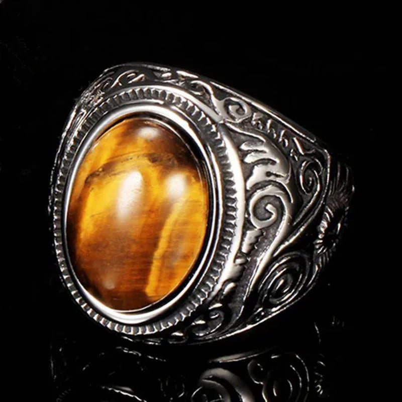 Vintage Men's Gemstone Ring Stainless Steel Single Turquoise Agate Tiger Eye Stone Rings Jewelry Gift for Men Women Boyfriend Girlfriend