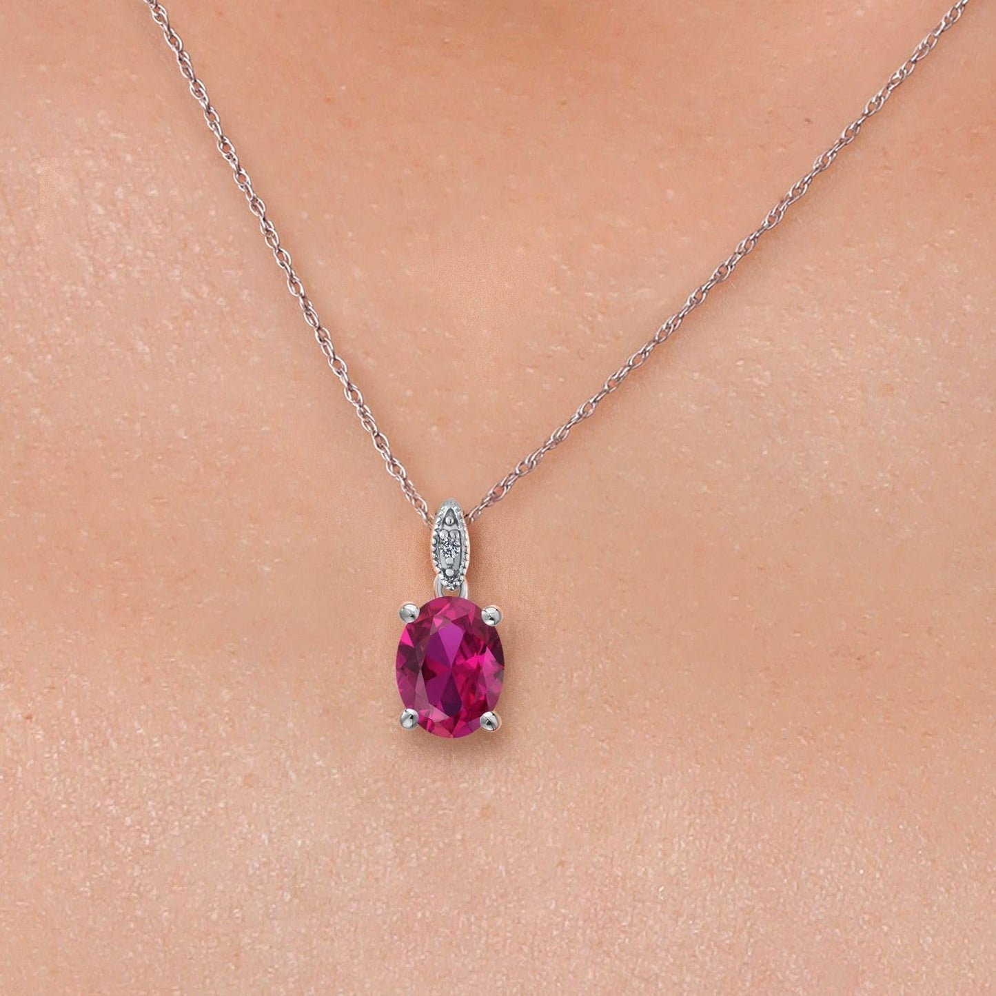 10K White Gold Oval 9X7MM Gemstone Birthstone and Diamond Pendant Necklace for Women with 18 Inch Gold Chain