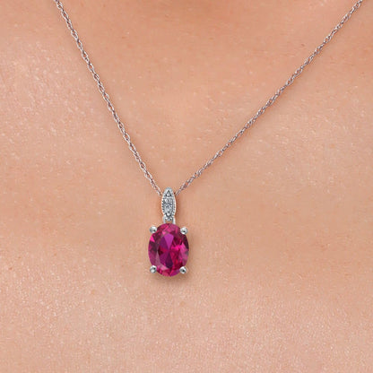 10K White Gold Oval 9X7MM Gemstone Birthstone and Diamond Pendant Necklace for Women with 18 Inch Gold Chain