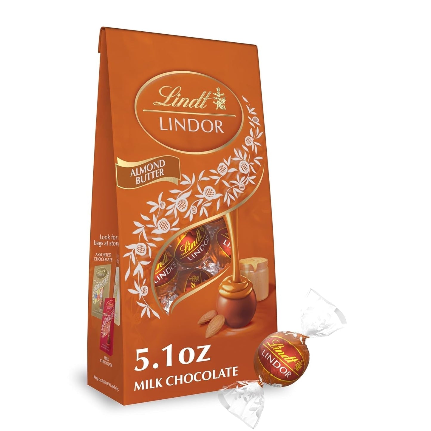 LINDOR Almond Butter Milk Chocolate Candy Truffles, Milk Chocolate with Almond Butter, 5.1 Oz. Bag