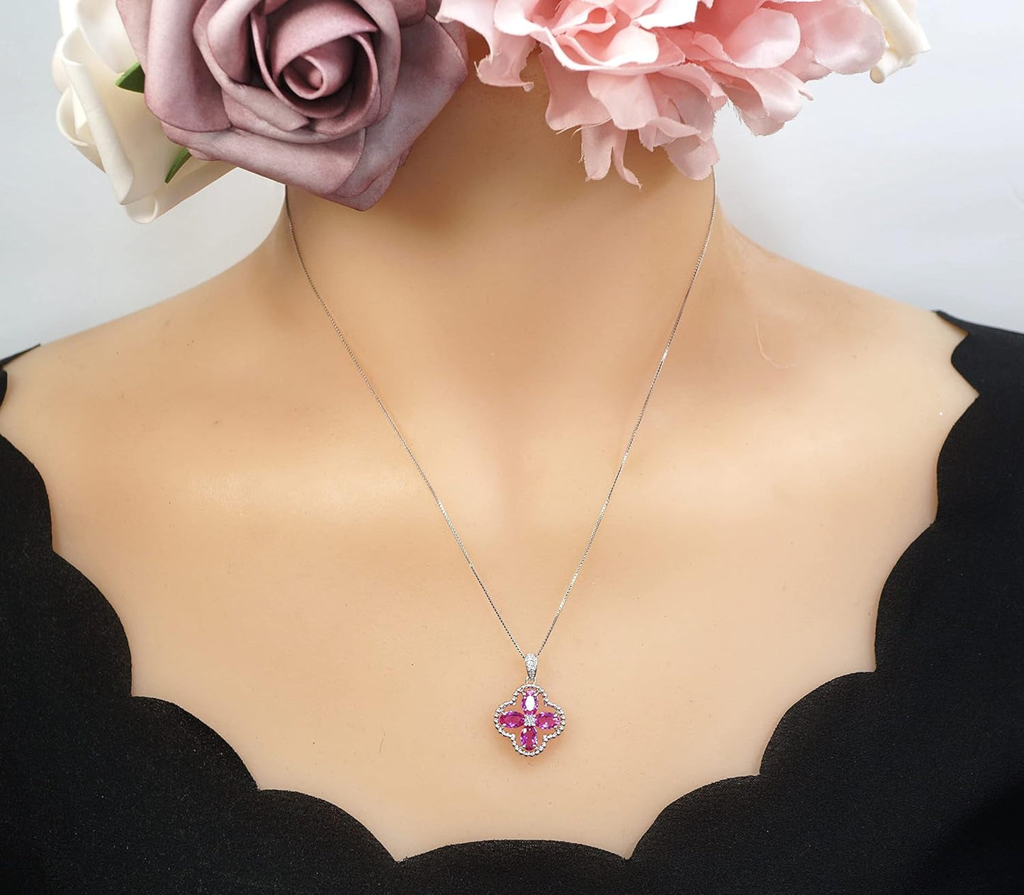 Pink Sapphire Jewelry Fuchsia Four Leaf Clover Pendant Green Peridot Necklace 18Kgp @ 925 Sterling Silver Adjustable Chain Ruby Aquamarine Amethyst Emerald Blue Sapphire Sunstone (Pink Sapphire)