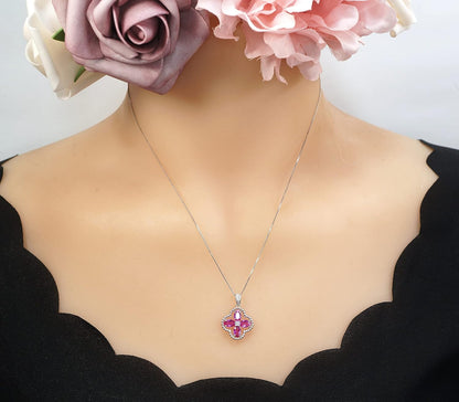 Pink Sapphire Jewelry Fuchsia Four Leaf Clover Pendant Green Peridot Necklace 18Kgp @ 925 Sterling Silver Adjustable Chain Ruby Aquamarine Amethyst Emerald Blue Sapphire Sunstone (Pink Sapphire)