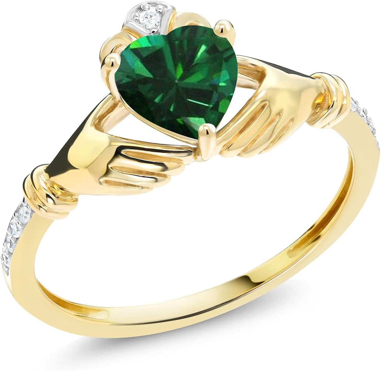 10K Yellow Gold 6MM Heart Shape Gemstone Birthstone and White Diamond Irish Celtic Claddagh Engagement Ring | Gold Ring for Women | Available in Size 5, 6, 7, 8, 9 - WORLD TIME VISITS