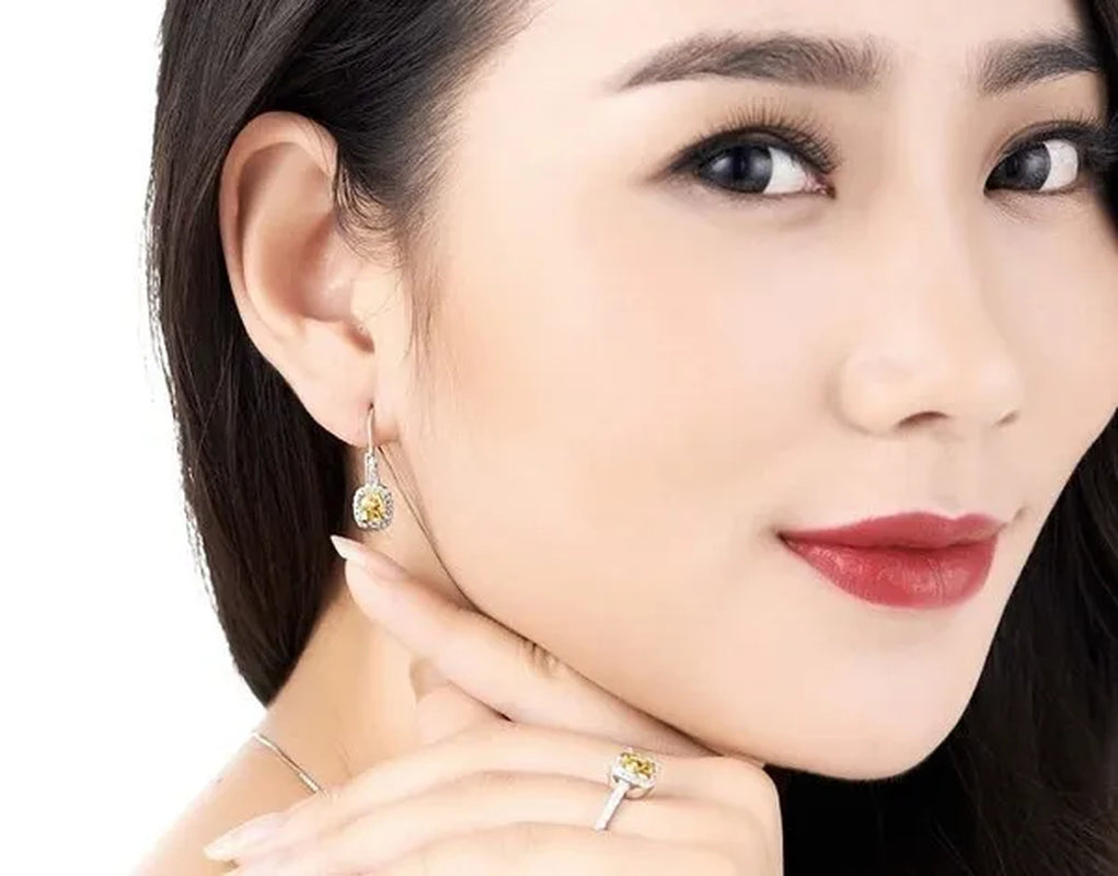 18K White Gold GP AAA CZ Zircon Citrine Pendant Necklace Earrings Princess Cut Drop Earring Jewellery Set
