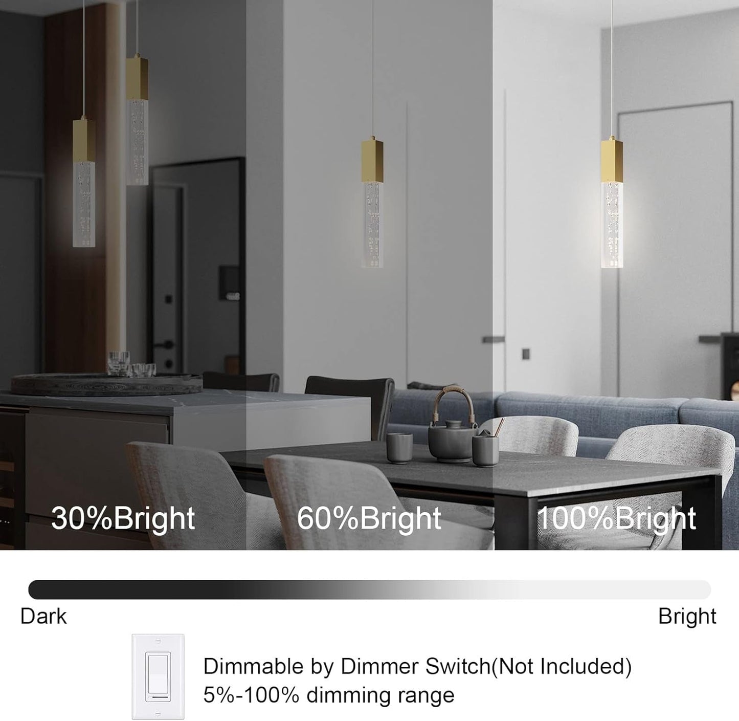 Brass Pendant Light for Kitchen Island Dimmable Integrated LED Pendant Light Gold Pendant Light with Crystal Modern Pendant Light for Bedroom Dinning Room Hallway (2-Pack)
