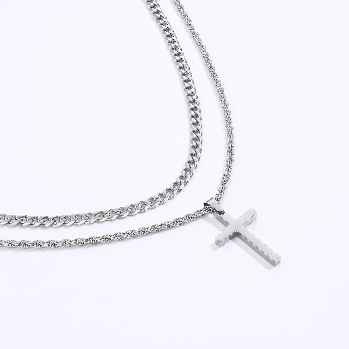 Valentines Gifts for Him - 2 Pcs Cross Necklace Chain for Men and Women, Layered Mens Cross Necklaces Stainless Steel Pendant Cuban Link Rope Chain 16-26 Inch, Jewelry Gift