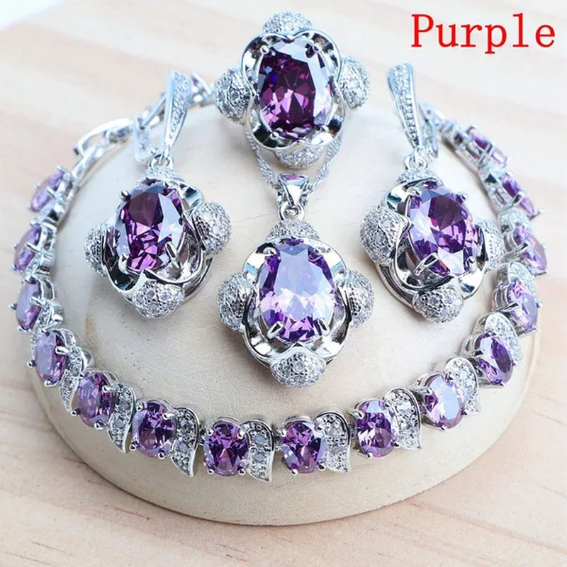 925 Silver Blue/Green/Purple/Rainbow Zirconia Bridal Jewelry Set For Women Bracelet Earrings Pendant Necklace Rings