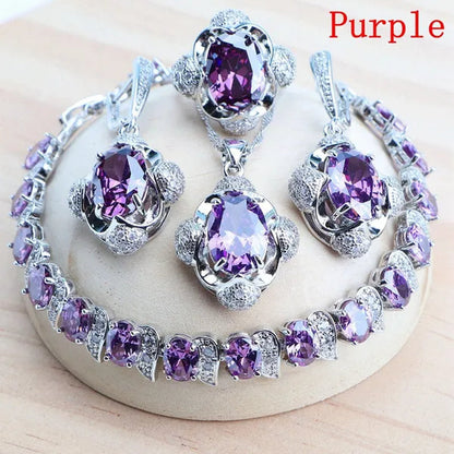 925 Silver Blue/Green/Purple/Rainbow Zirconia Bridal Jewelry Set For Women Bracelet Earrings Pendant Necklace Rings