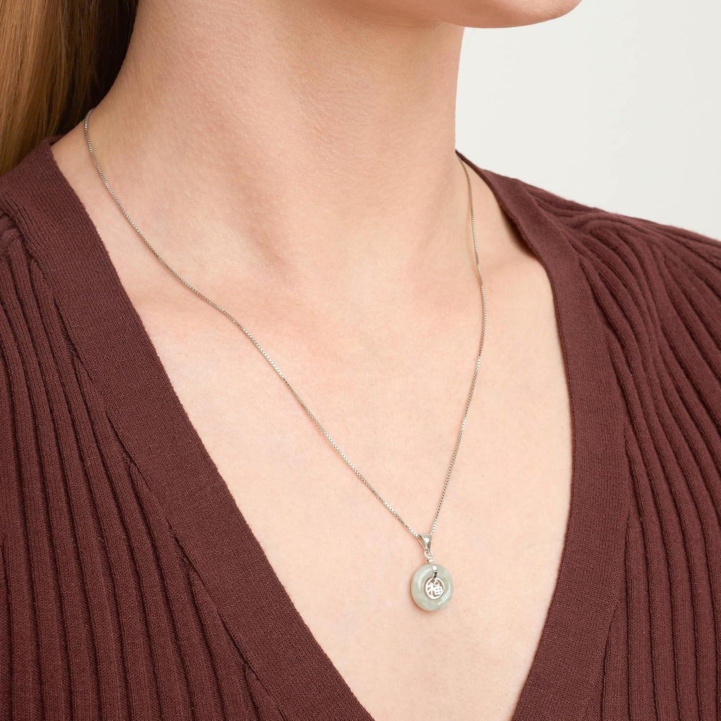 .925 Sterling Silver Rhodium Plated Genuine Jade Necklaces for Women - Green Jade Good Fortune Fu Symbol Dainty and Lightweight Sterling Silver Necklace for Women, 18 Inch