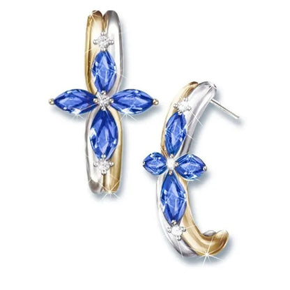 Exquisite 925 Sterling Silver Goldplated Natural Sapphire Amethyst Cross Ring Earrings Necklace Bride Princess Wedding Engagement Birthstone Jewelry Set Ring Size 5-10