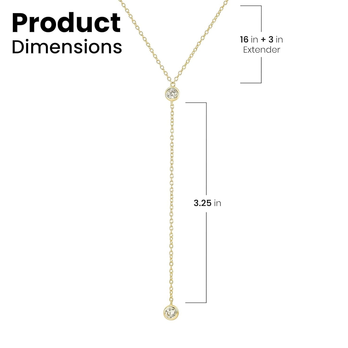 14K Gold Vermeil Lariat Necklace with 2 CZ Diamond in a 3.25" Dainty Drop Pendant, 16" - 19" Gold Dipped Sterling Silver Long Necklace for Women