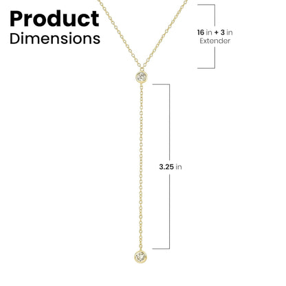 14K Gold Vermeil Lariat Necklace with 2 CZ Diamond in a 3.25" Dainty Drop Pendant, 16" - 19" Gold Dipped Sterling Silver Long Necklace for Women