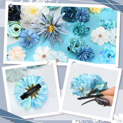 21 Pcs Flower Hair Clip Rose Hair Clips Barrettes for Women Flower Accessories Boho Bride Claw Clip Hairpin Brooch Pin Headpiece for Wedding(Light Blue)