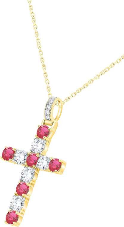 3.2MM round Cut Ruby & Natural Diamond Cross Pendant Necklace for Women in 14K Yellow Gold Plated (Clarity I2-I3, Color I-J, 0.72 Cttw) (Chain Not Included)