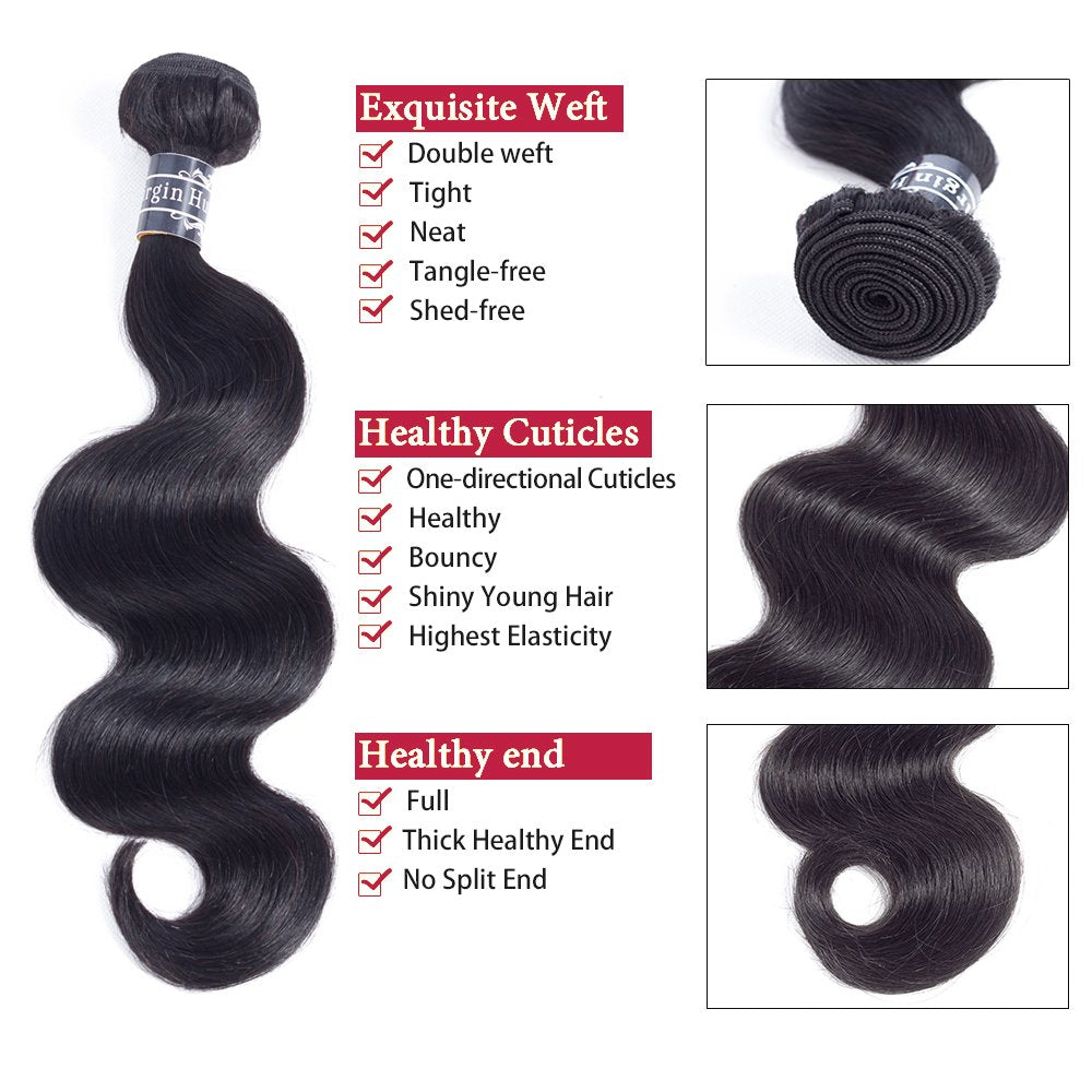 Hair 100% Unprocessed Virgin Brazilian Human Hair Brazilian Body Wave 3 Bundles (16 18 20,285G) Hair Extensions Grade 8A Remy Human Hair Bundles Natural Black Color