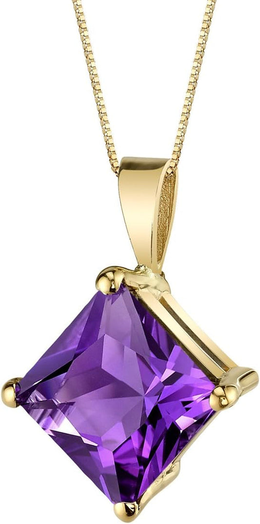 Solid 14K Yellow Amethyst Pendant for Women, 2 Carats Princess Cut 8Mm, Genuine Gemstone Solitaire, Real Amethyst Necklace, February Birthstone Necklace, for Jewelry Gift & Everyday Wear - WORLD TIME VISITS
