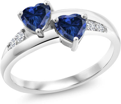 1.30 Cttw Blue Created Sapphire and White Lab Grown Diamond Ring for Women | 925 Sterling Silver | 5MM Heart Shape | Available in Size 5, 6, 7, 8, 9 - WORLD TIME VISITS
