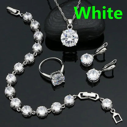 925 Sterling Silver Bridal Jewelry Sets Green Emerald Drop Earrings Ring Pendant Necklace Bracelet 4Pcs Birthday Gift for Women