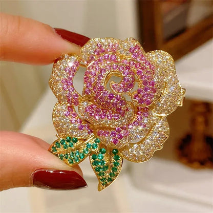 French Retro High-End Full Diamond Gradient Rose Gold Zircon Rose Flower Brooch Suit Pin Clothes Accessories