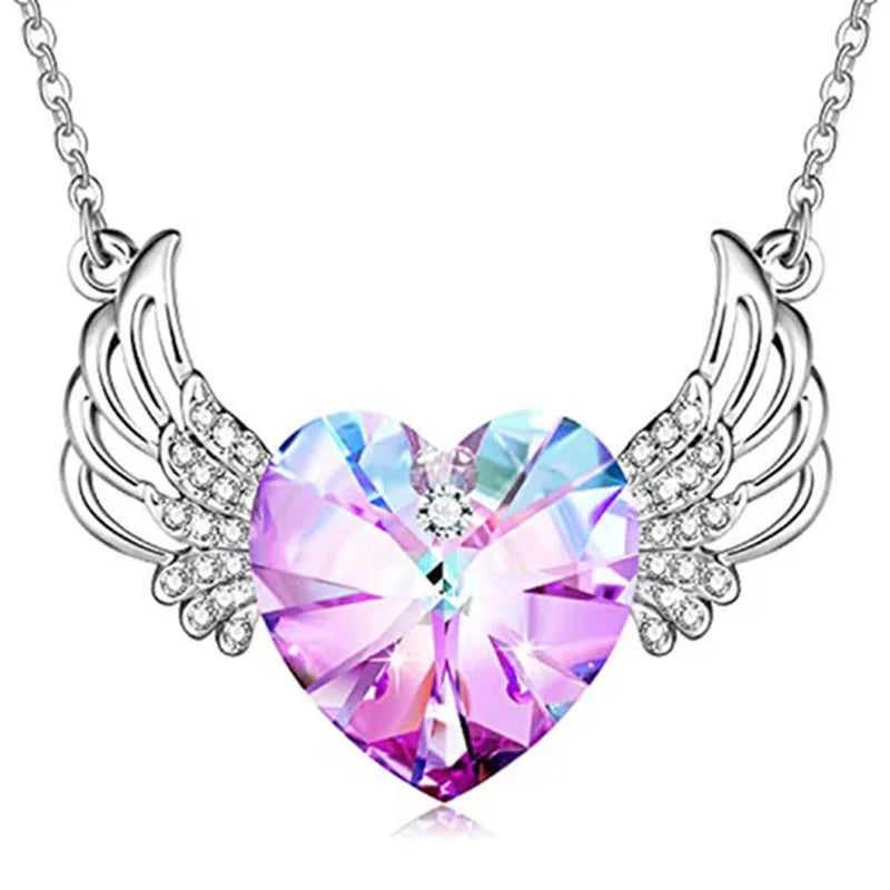 Luxury Fashion Women'S Diamond Wings Heart Crystal Necklace Angel Wings Diamond Pendant Wedding Necklace Women'S Princess Jewelry Birthday Anniversary Gift