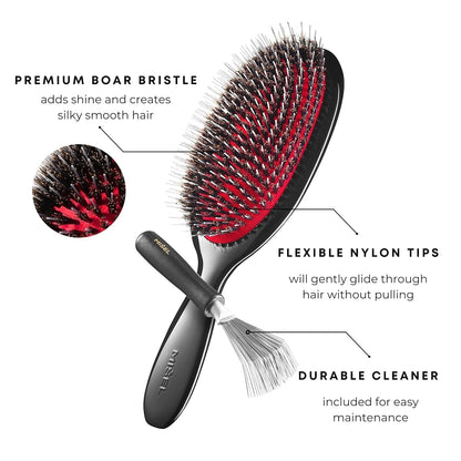 MISEL Boar Bristle Hair Brush and Brush Cleaner Bundle for Women and Men | Detangles Thin or Thick Natural Hair and Hair Extensions | Reduces Breakage | Great for Wavy and Straight Hair | Large