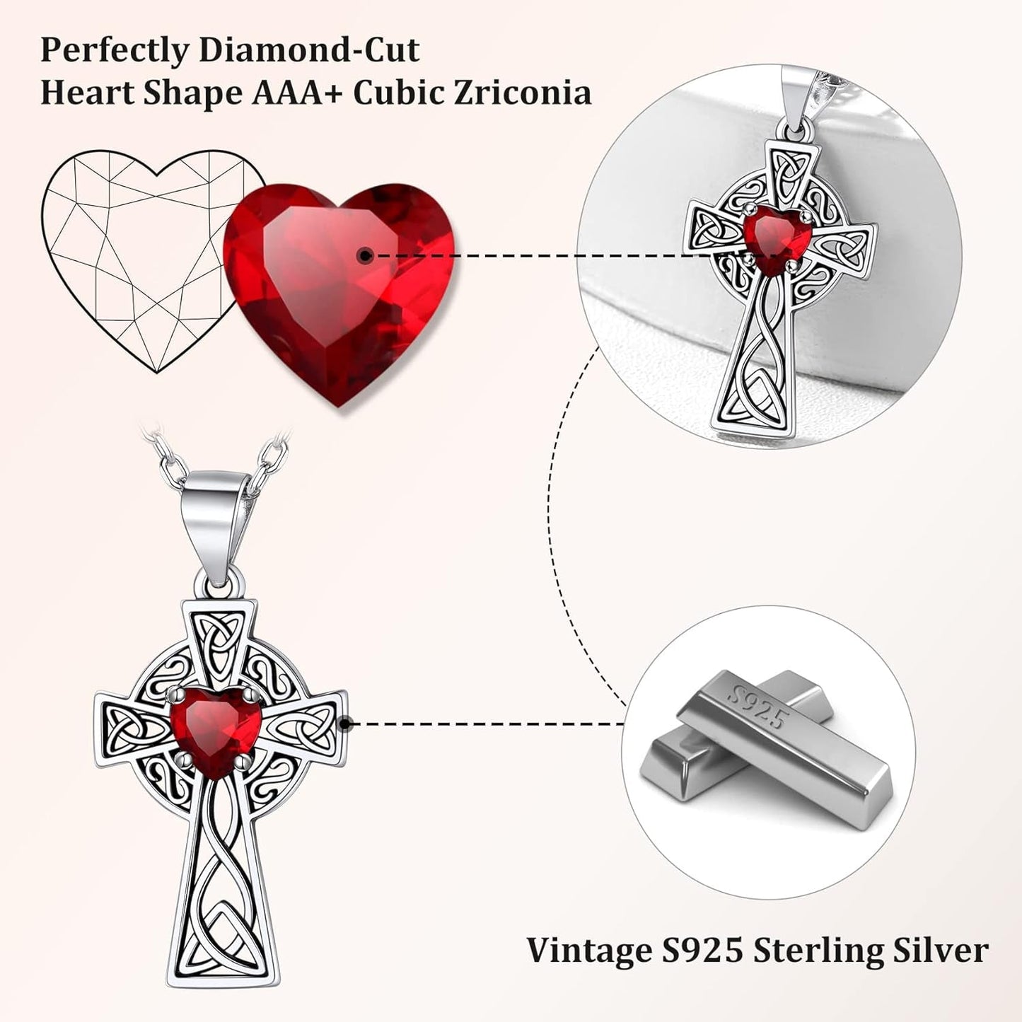 Vintage 925 Sterling Silver Celtic Cross/Triquetra Necklace with 12 Month Heart Gemstone, Dainty Heart Birthstone Necklace Faith Irish Amulet Lucky Jewelry Birthday Gift for Women Girls…