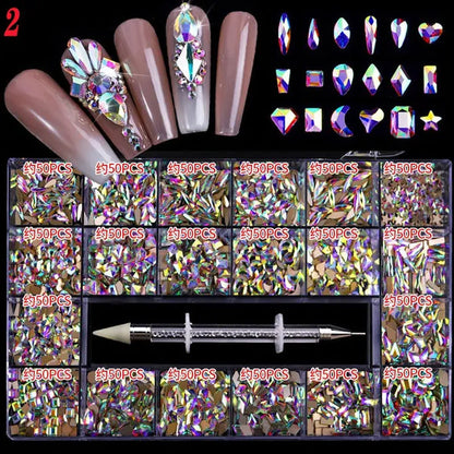 3000Pcs/Box Mixed AB Glass Crystal Diamond In Grids 21 Shape and  Flatback Nail Art Rhinestone Set with 1 Pick Up Pen