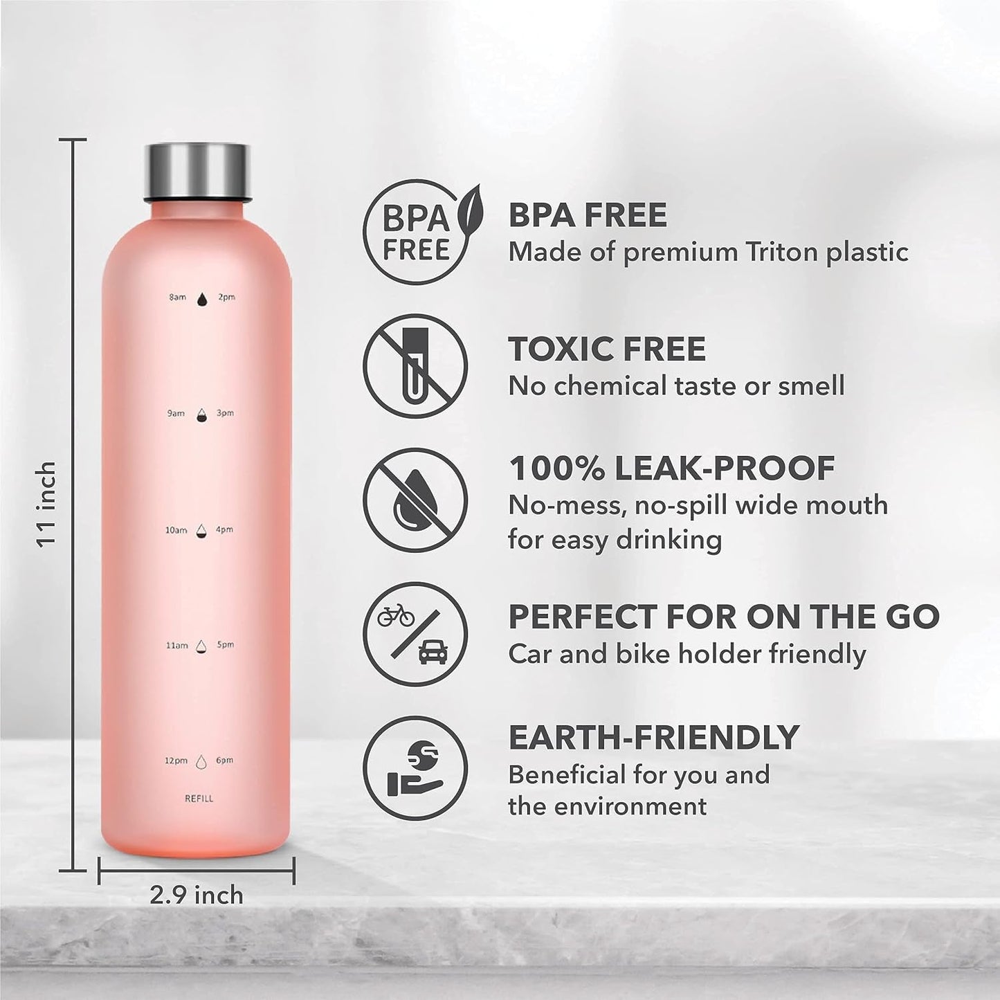 32 Oz Tritan/Bpa-Free Water Bottle W/Time Marker, Pink, Motivational Measurements W/Time & Volume, Frosted Plastic, EXTRA Lid for Gym, Sports, Travel, Fitness, or Work