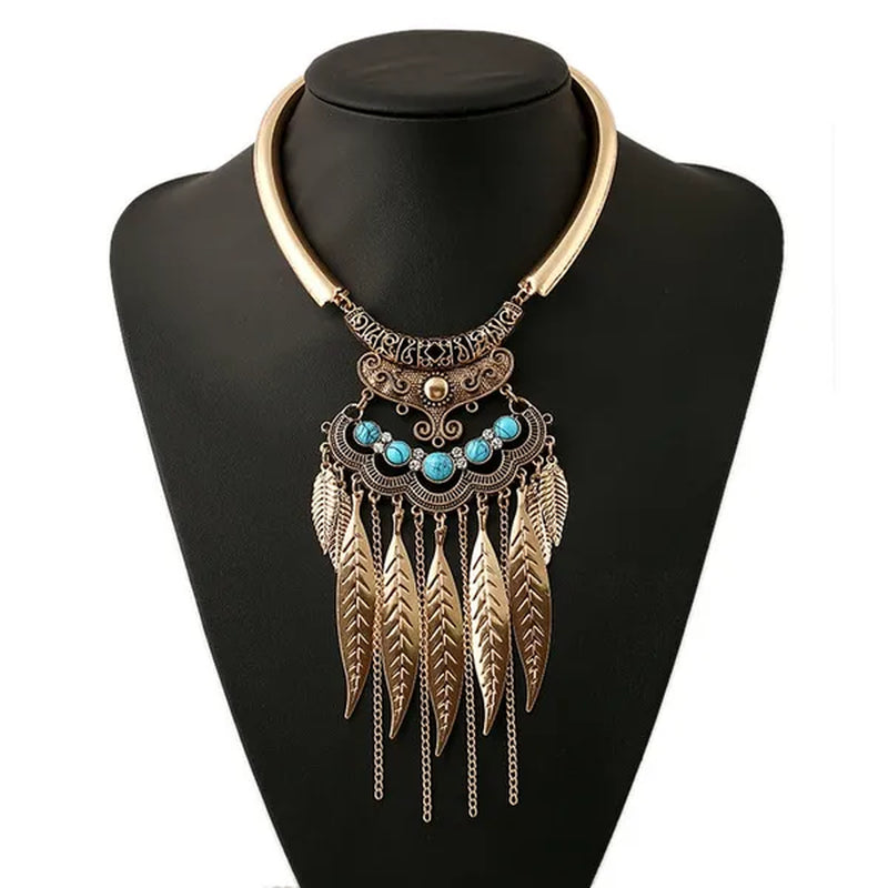 Bohemian Gypsy Ethnic Choker Collar Vintage Leaf Tassel Maxi Statement Pendant Necklace Jewelry