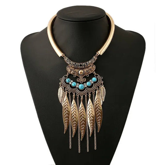 Bohemian Gypsy Ethnic Choker Collar Vintage Leaf Tassel Maxi Statement Pendant Necklace Jewelry