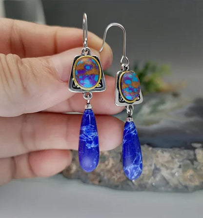 Earrings Bohemian Style Silver Plated Earrings Lapis Blue Stone Dangle Hook Earrings Wedding Engagement Earrings for Women