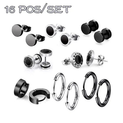 16Pcs/Set Personality Dumbbell Ear Ring Titanium Steel Female Earrings Set Fashion Male Earrings Set Hip Hop Punk Earrings