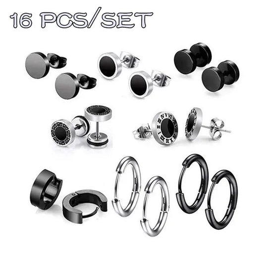 16Pcs/Set Personality Dumbbell Ear Ring Titanium Steel Female Earrings Set Fashion Male Earrings Set Hip Hop Punk Earrings