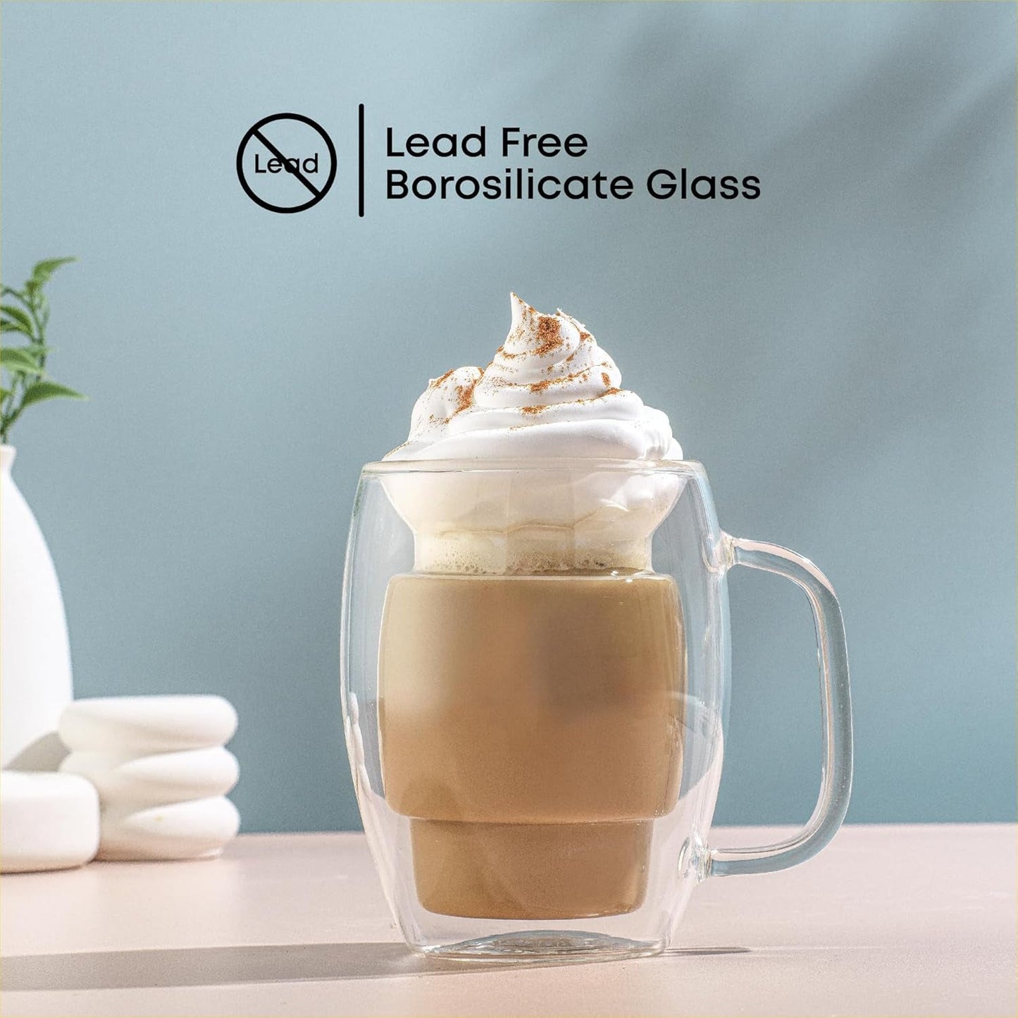 Cadus Glass Coffee Cups Double Wall Insulated Mugs Set of 2 Latte Glasses, 16-Ounces.