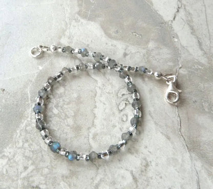 Flashy Labradorite Gemstone Bracelet W Silver Lined Beads & Sterling Silver Clasp; Skinny Stackable Boho Bracelet