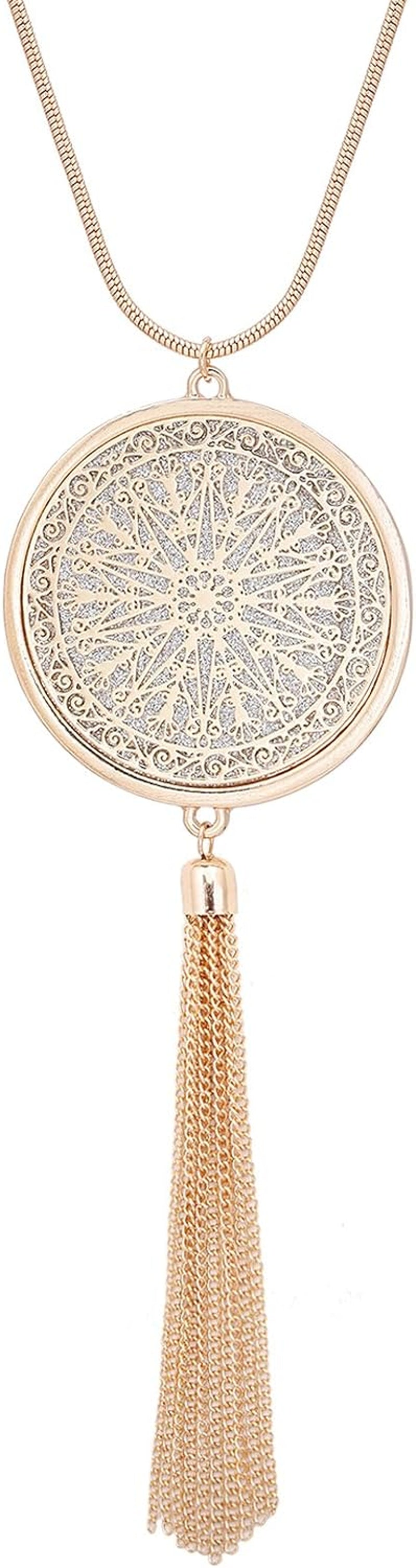 Long Necklaces for Woman Disk Circle Pendant Necklaces Tassel Fringe Necklace Set Statement Pendant