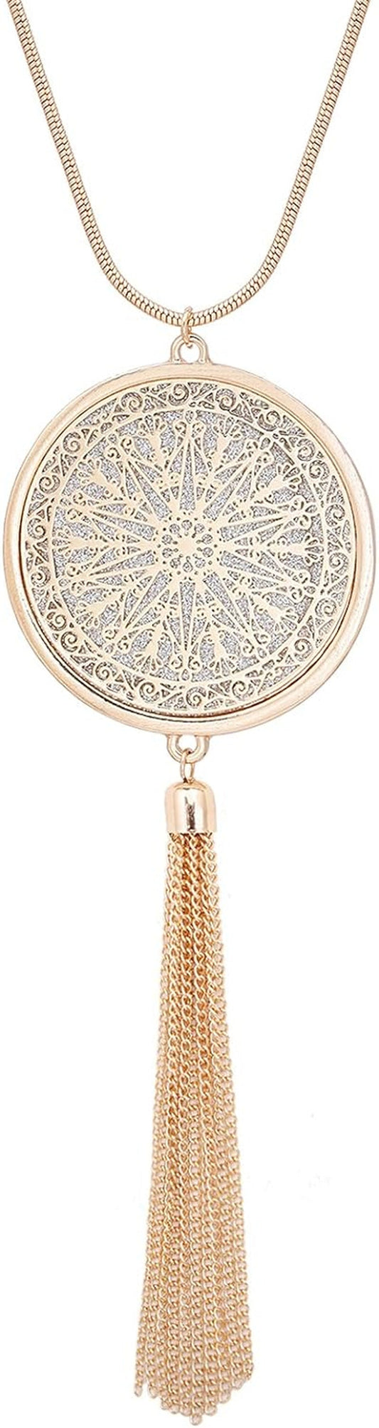 Long Necklaces for Woman Disk Circle Pendant Necklaces Tassel Fringe Necklace Set Statement Pendant