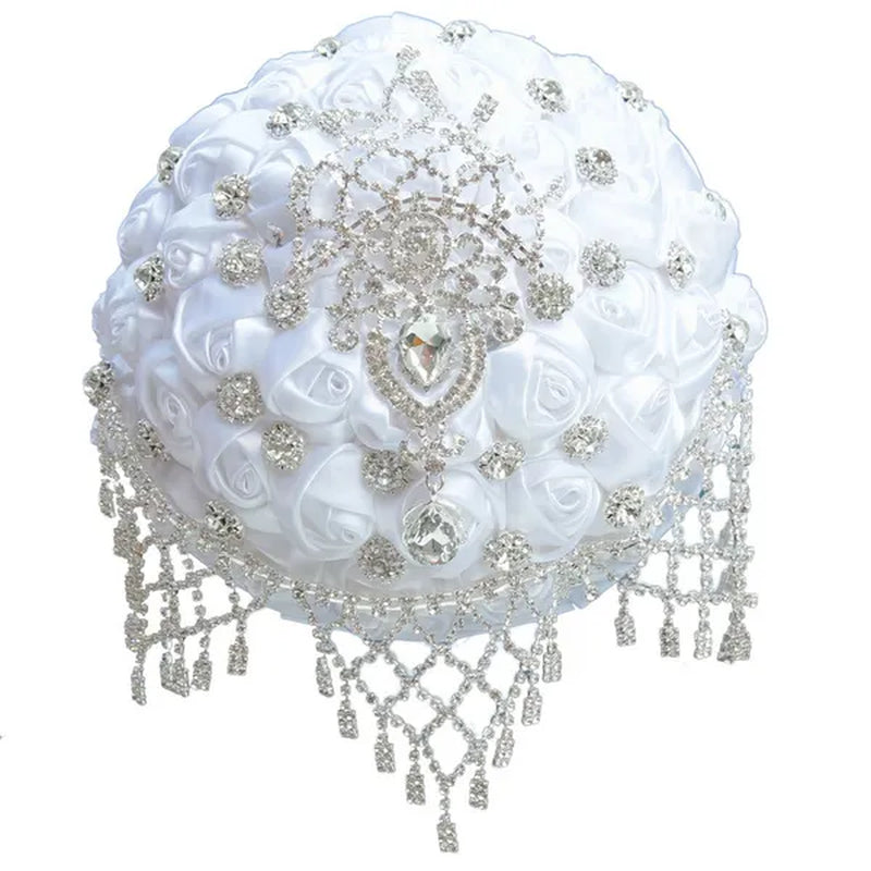 18CM Luxury Crystal Brooch Bridesmaid Bridal Bouquet Rhinestone Tassel White Silk Rose Wedding Flower Bouquet Ribbon Artificial Flower Wedding Supplies