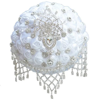 18CM Luxury Crystal Brooch Bridesmaid Bridal Bouquet Rhinestone Tassel White Silk Rose Wedding Flower Bouquet Ribbon Artificial Flower Wedding Supplies