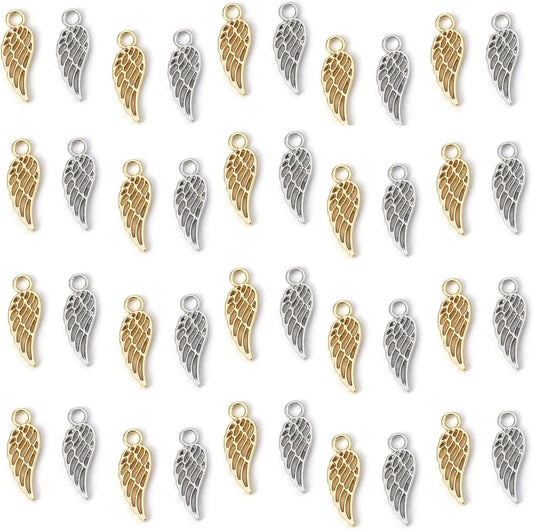 Angel Wings Pendant Charm - 40 Pack of 20 Silver / 20 Gold Toned DIY Jewelry Making Supplies; Small 7/8 Inch for Bracelet, Necklace, Earrings or Arts and Crafts - WORLD TIME VISITS