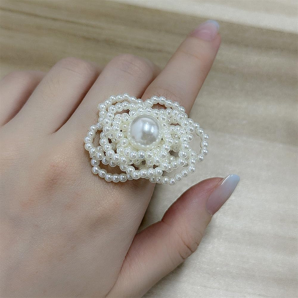 Pearl Ball Flower Statement Ring for Women Girls Gold Tone Handmade Adjustable Expandable Artificial Pearls Bead Cluster Open Wrap Finger Rings Comfort Fit Fashion Wedding Christmas Theme Party Jewelry Gift