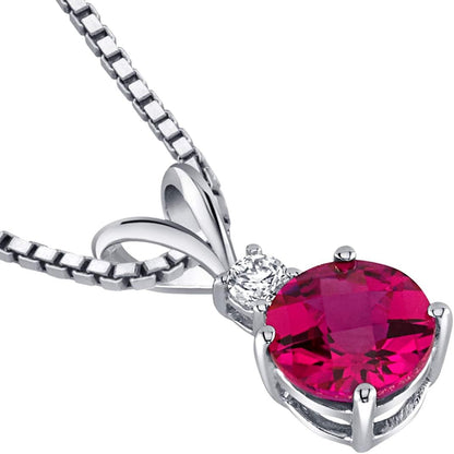 14K White Gold Created Ruby with Genuine Diamond Pendant, Elegant Solitaire, round Shape, 6.50Mm, 1.35 Carats Total