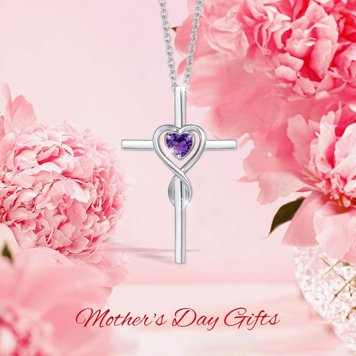 Birthstone Cross Necklace for Women Birthstone Necklace Heart Infinity Cross Pendant Necklace Fine Jewelry Christmas Birthday Holiday Gifts for Her, 16"+2" Inches