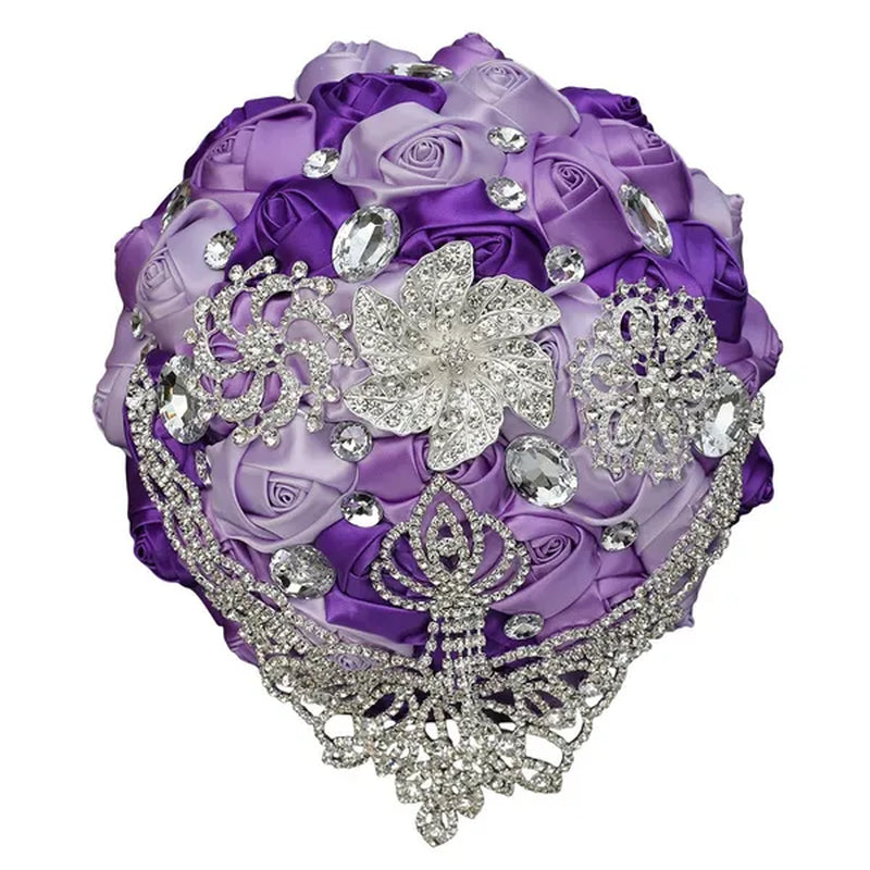21CM Creative Ribbon Silk Rose Bride Holding Flowers Rhinestone Brooch Tassel Wedding Bouquet Wedding Party Bridal Bouquet Photography Props