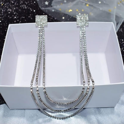 Rhinestone Geometric Tassel Lapel Brooch Pin Long Chain Multi-Layered Full of Crystal Square Pins Clip Dress Sweater Collar Jackets Suit Brooches Pins Fashion Jewelry Gifts for Women Girls Accessories