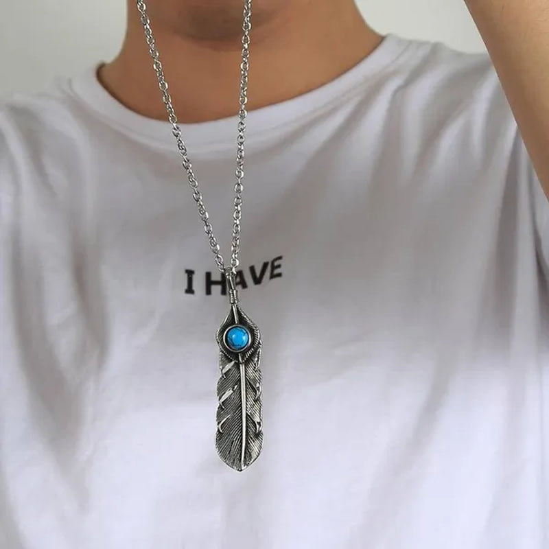Jewelry Creative Ruby Feather Pendant Stainless Steel Necklace Ins Titanium Steel Retro Male
