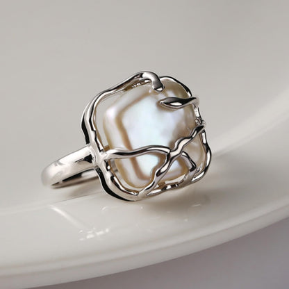 Baroque 18K Gold Pearl Statement Ring - Adjustable Chunky Pearl Wedding Jewelry for Women