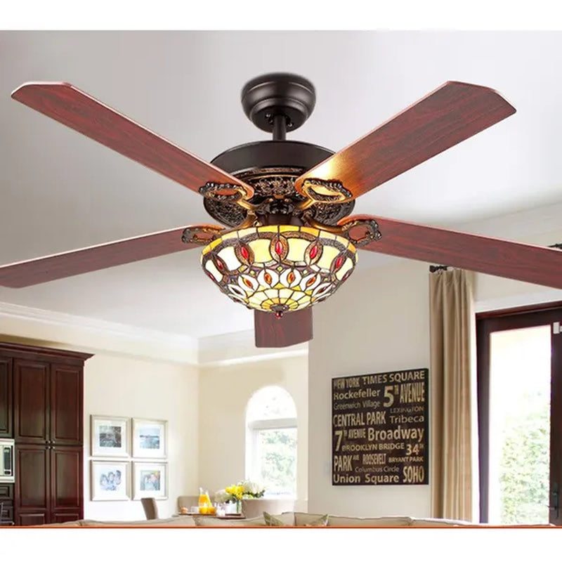 52" Ceiling Fan with Light, Tiffany Style Retro Stained Glass Chandelier Fan with Remote Control 4 Reversible Wood Blades 3-Speed