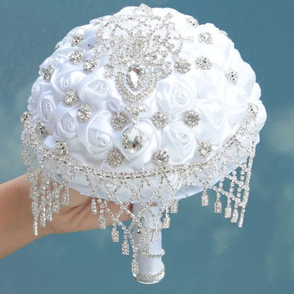 18CM Luxury Crystal Brooch Bridesmaid Bridal Bouquet Rhinestone Tassel White Silk Rose Wedding Flower Bouquet Ribbon Artificial Flower Wedding Supplies