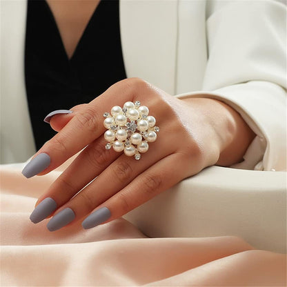 Big CZ Pearl Statement Wedding Ring for Women Girls Vintage CZ Crystal Faux Pearls Ball Flower Adjustable Open Band Wrap Birthday Cocktail Party Ring Comfort Fit Exaggerated Jewelry Gift